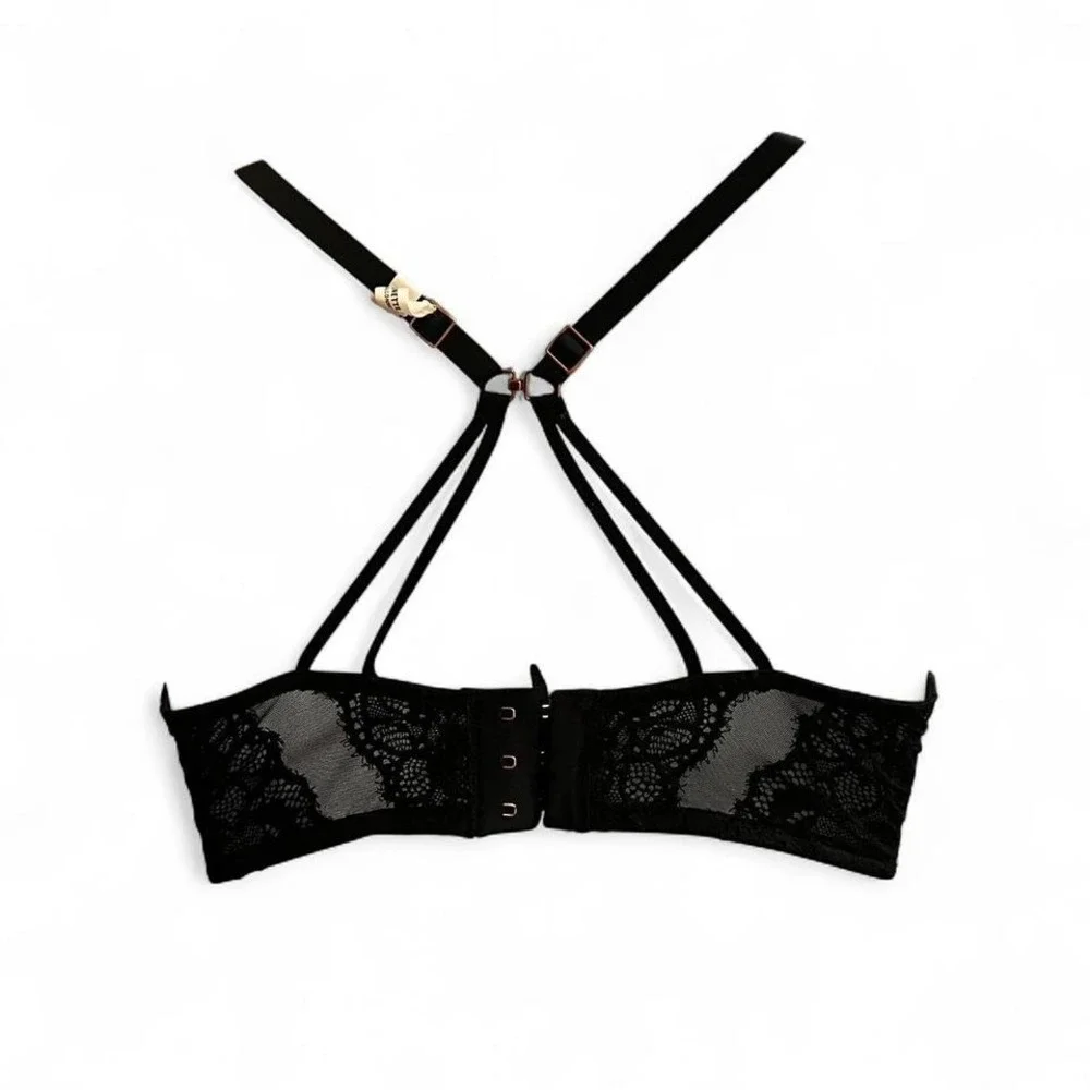 Aerie Black Lace Strappy Back Bra 34C Padded Underwire